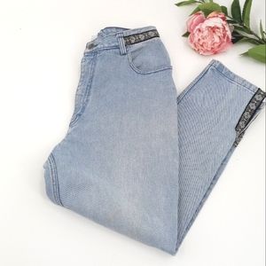 Vtg Stonebridge Jeans Women's 10P Blue Light Wash Ribbon Trim High Rise Tapered